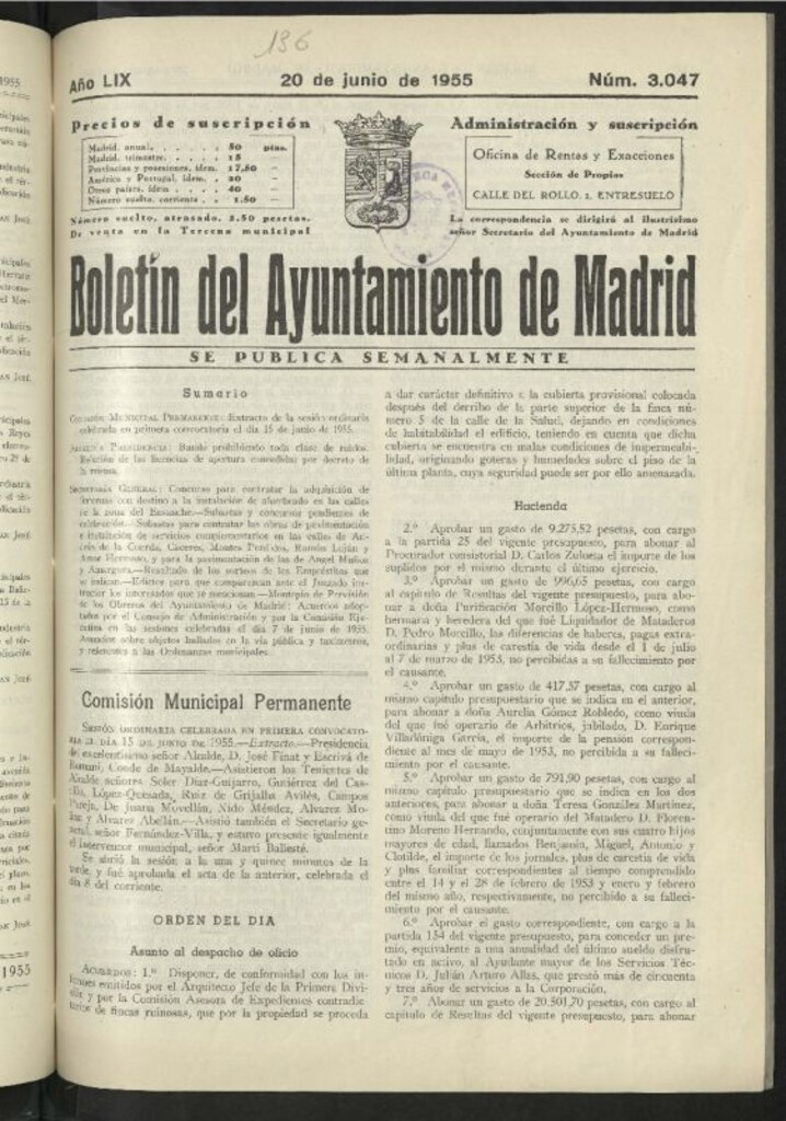 Miniatura de Boletín oficial del Ayuntamiento del 20 de junio de 1955, nº 3047