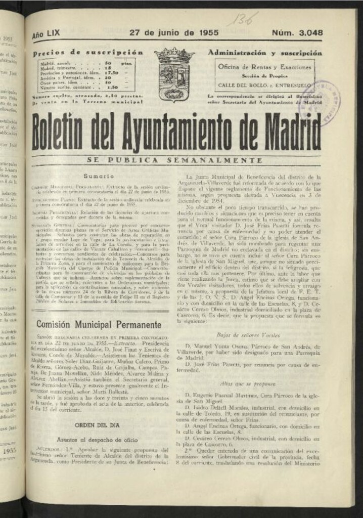 Miniatura de Boletín oficial del Ayuntamiento del 27 de junio de 1955, nº 3048