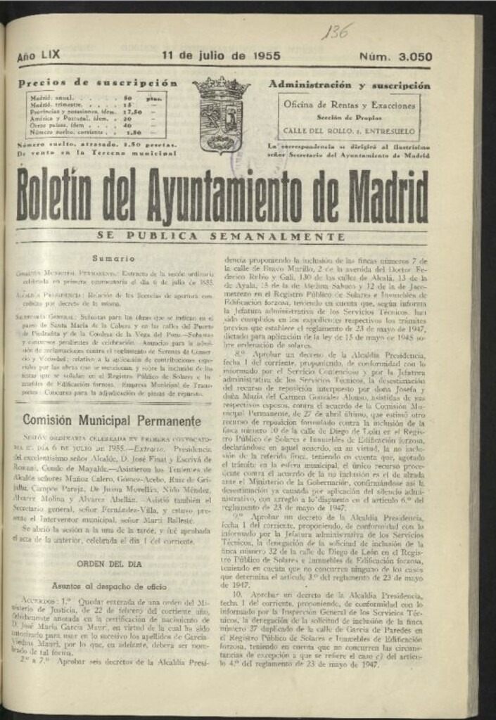 Miniatura de Boletín oficial del Ayuntamiento del 11 de julio de 1955, nº 3050