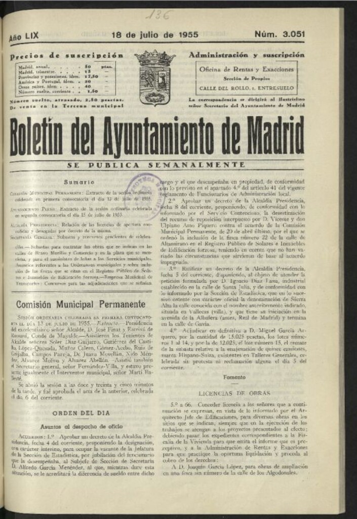 Miniatura de Boletín oficial del Ayuntamiento del 18 de julio de 1955, nº 3051