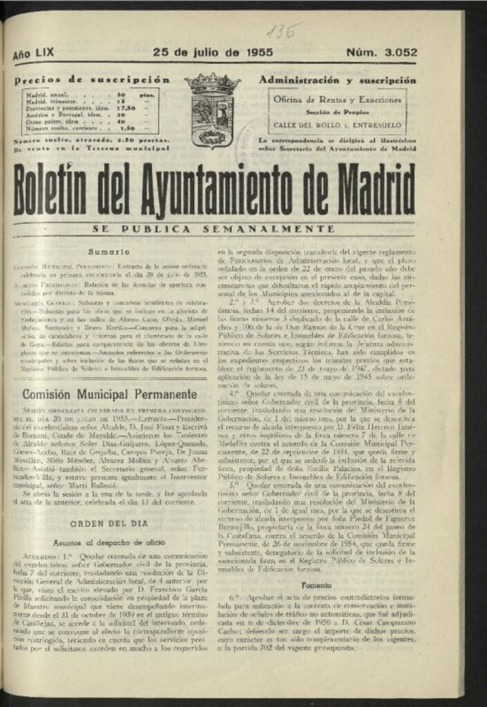 Miniatura de Boletín oficial del Ayuntamiento del 25 de julio de 1955, nº 3052