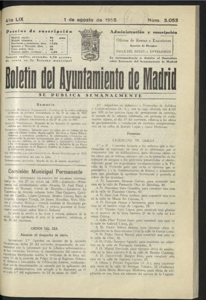 Miniatura de Boletín oficial del Ayuntamiento del 1 de agosto de 1955, nº 3053