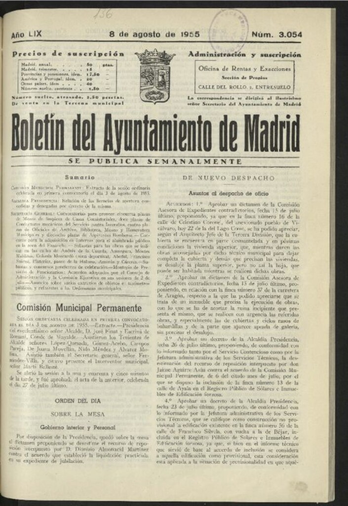 Miniatura de Boletín oficial del Ayuntamiento del 8 de agosto de 1955, nº 3054