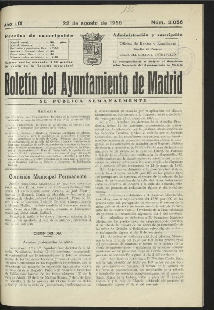 Miniatura de Boletín oficial del Ayuntamiento del 22 de agosto de 1955, nº 3056