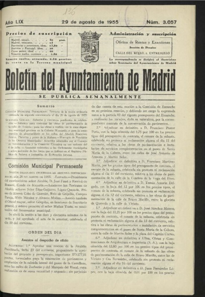 Miniatura de Boletín oficial del Ayuntamiento del 29 de agosto de 1955, nº 3057