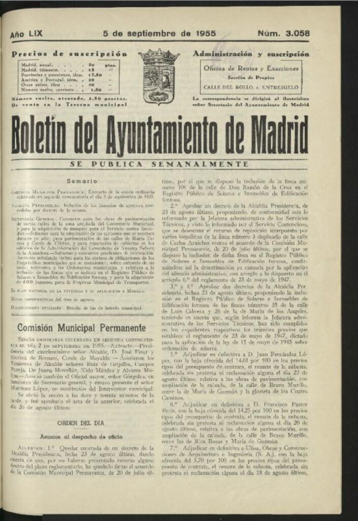 Miniatura de Boletín oficial del Ayuntamiento del 5 de septiembre de 1955, nº 3058