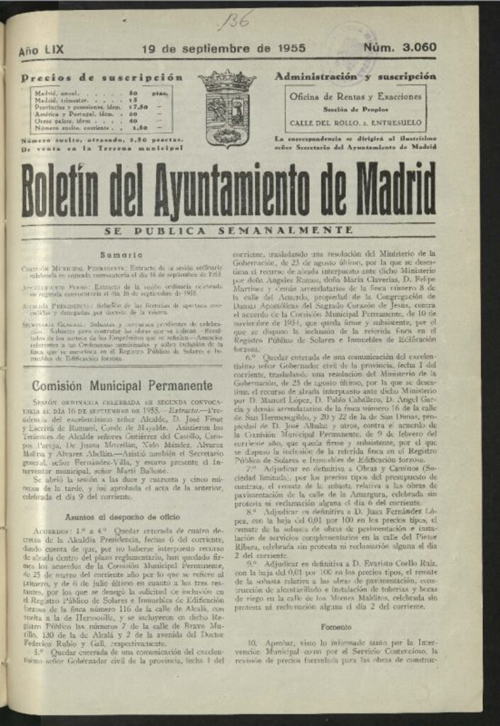 Miniatura de Boletín oficial del Ayuntamiento del 19 de septiembre de 1955, nº 3060