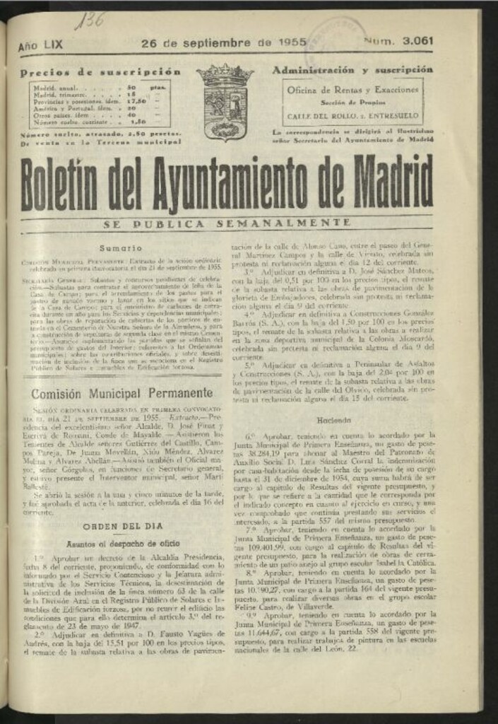 Miniatura de Boletín oficial del Ayuntamiento del 26 de septiembre de 1955, nº 3061