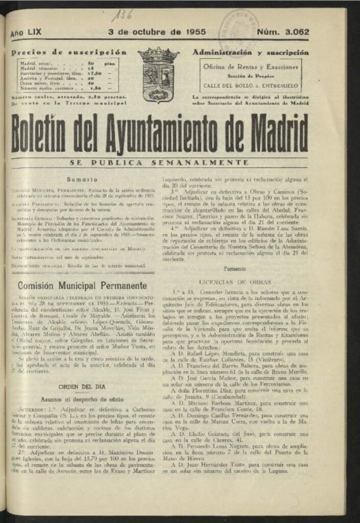 Miniatura de Boletín oficial del Ayuntamiento del 3 de octubre de 1955, nº 3062