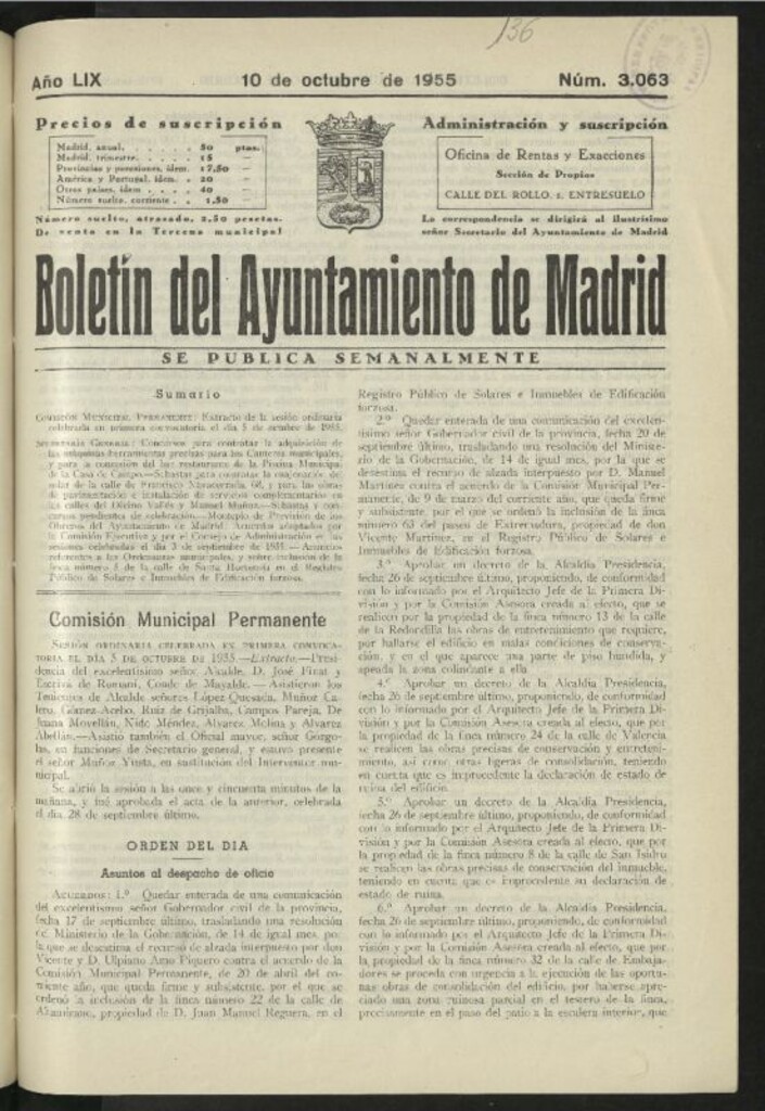 Miniatura de Boletín oficial del Ayuntamiento del 10 de octubre de 1955, nº 3063