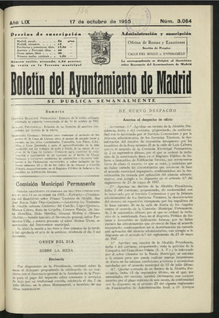 Miniatura de Boletín oficial del Ayuntamiento del 17 de octubre de 1955, nº 3064