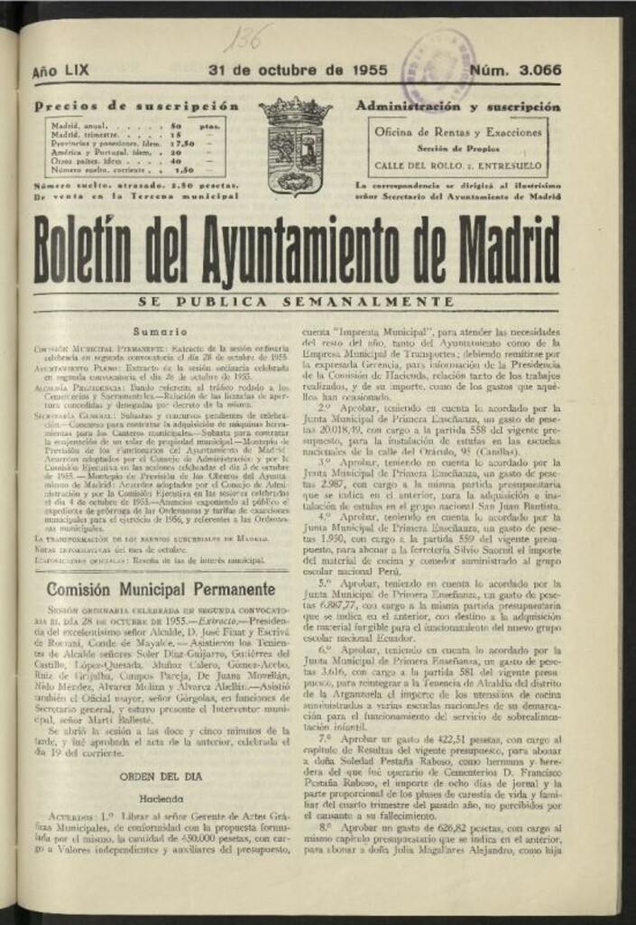 Miniatura de Boletín oficial del Ayuntamiento del 31 de octubre de 1955, nº 3066