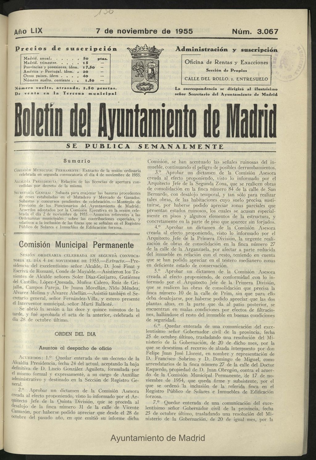 Miniatura de Boletín oficial del Ayuntamiento del 7 de noviembre de 1955, nº 3067