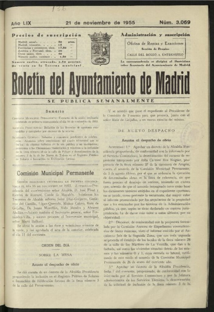 Miniatura de Boletín oficial del Ayuntamiento del 21 de noviembre de 1955, nº 3069
