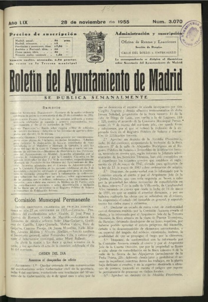 Miniatura de Boletín oficial del Ayuntamiento del 28 de noviembre de 1955, nº 3070