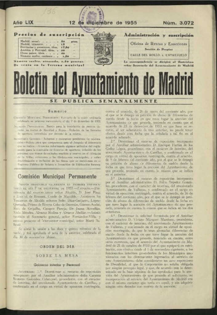 Miniatura de Boletín oficial del Ayuntamiento del 12 de diciembre de 1955, nº 3072