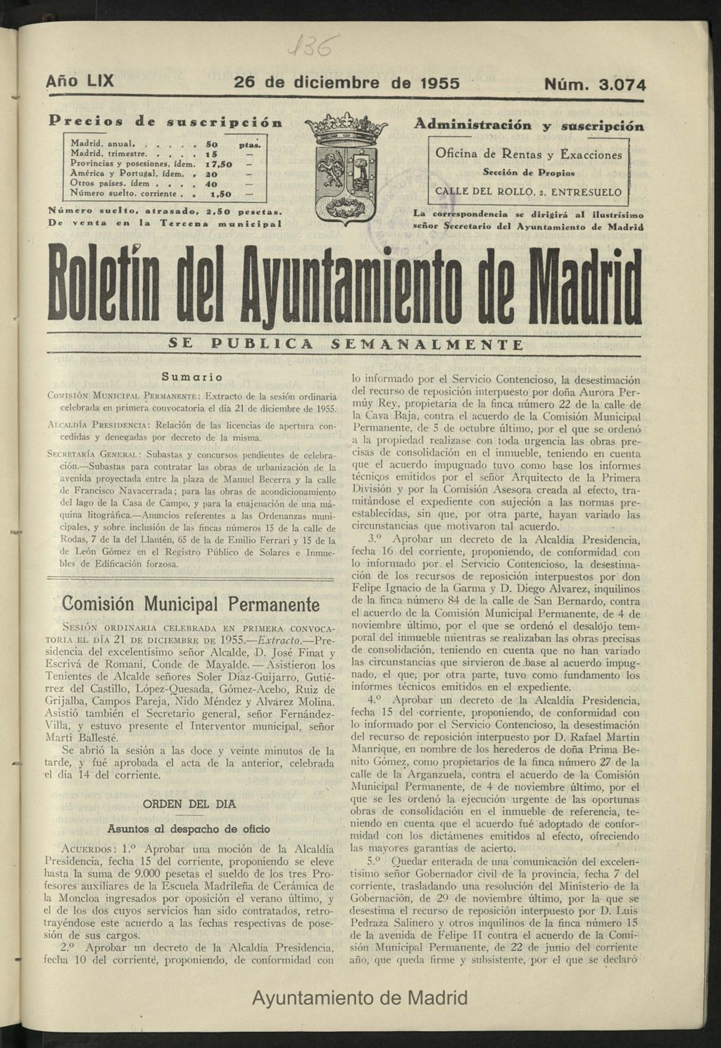 Miniatura de Boletín oficial del Ayuntamiento del 26 de diciembre de 1955, nº 3074