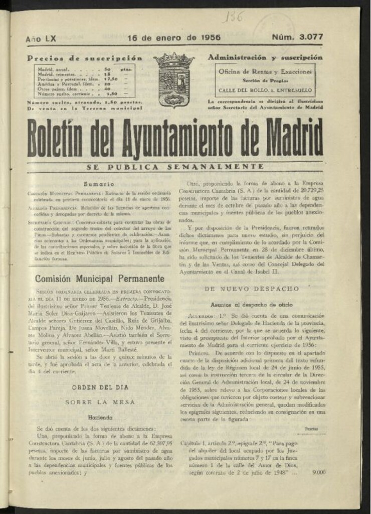 Miniatura de Boletín oficial del Ayuntamiento del 16 de enero de 1956, nº 3077