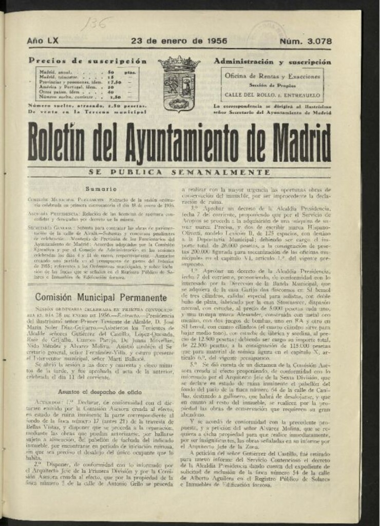 Miniatura de Boletín oficial del Ayuntamiento del 23 de enero de 1956, nº 3078