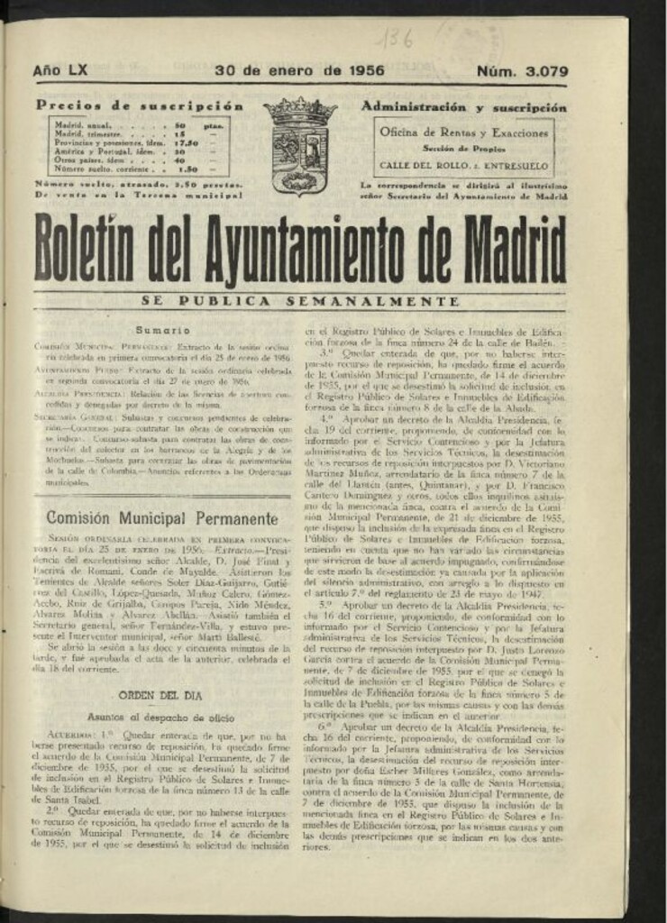 Miniatura de Boletín oficial del Ayuntamiento del 30 de enero de 1956, nº 3079