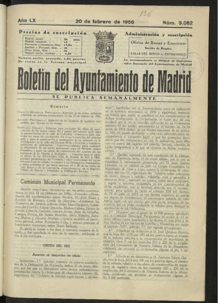 Miniatura de Boletín oficial del Ayuntamiento del 20 de febrero de 1956, nº 3082