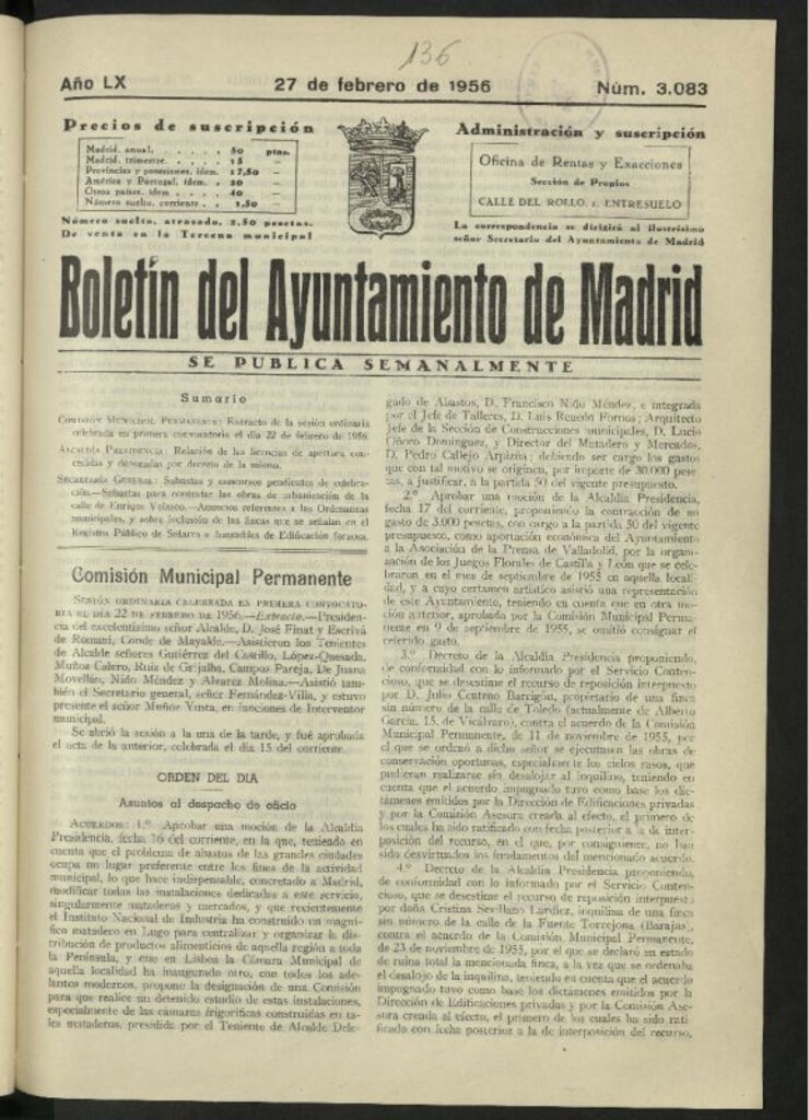 Miniatura de Boletín oficial del Ayuntamiento del 27 de febrero de 1956, nº 3083