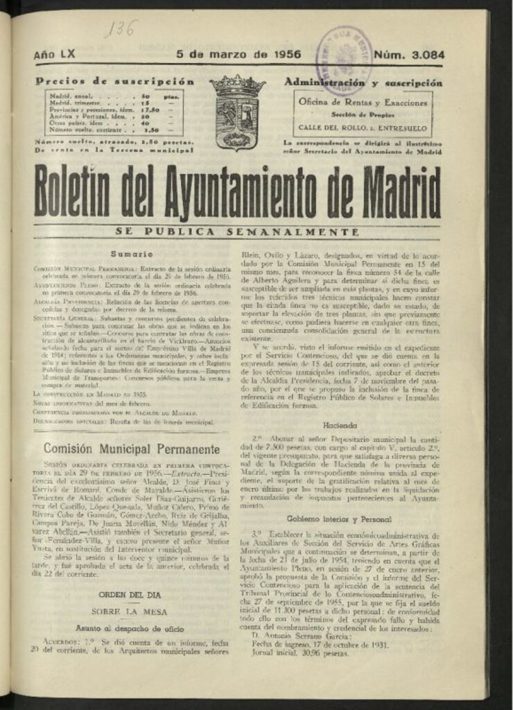 Miniatura de Boletín oficial del Ayuntamiento del 5 de marzo de 1956, nº 3084