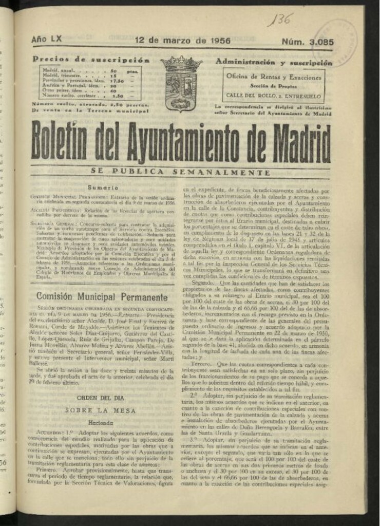 Miniatura de Boletín oficial del Ayuntamiento del 12 de marzo de 1956, nº 3085