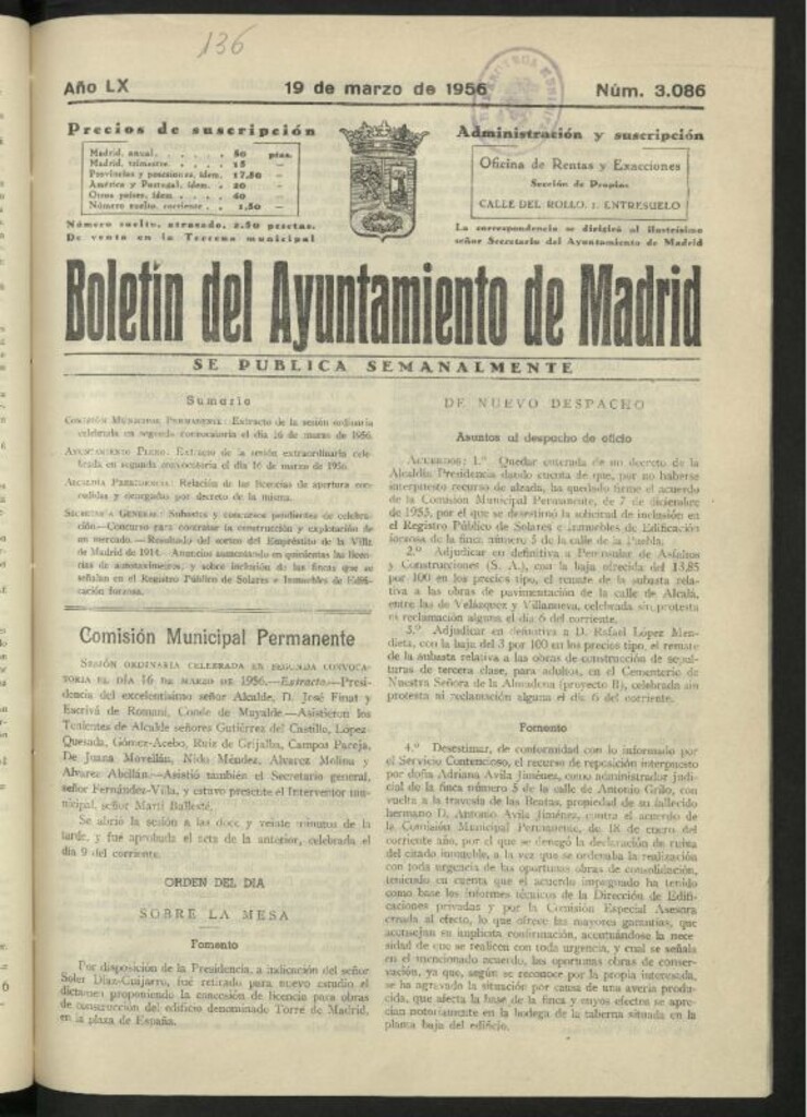 Miniatura de Boletín oficial del Ayuntamiento del 19 de marzo de 1956, nº 3086