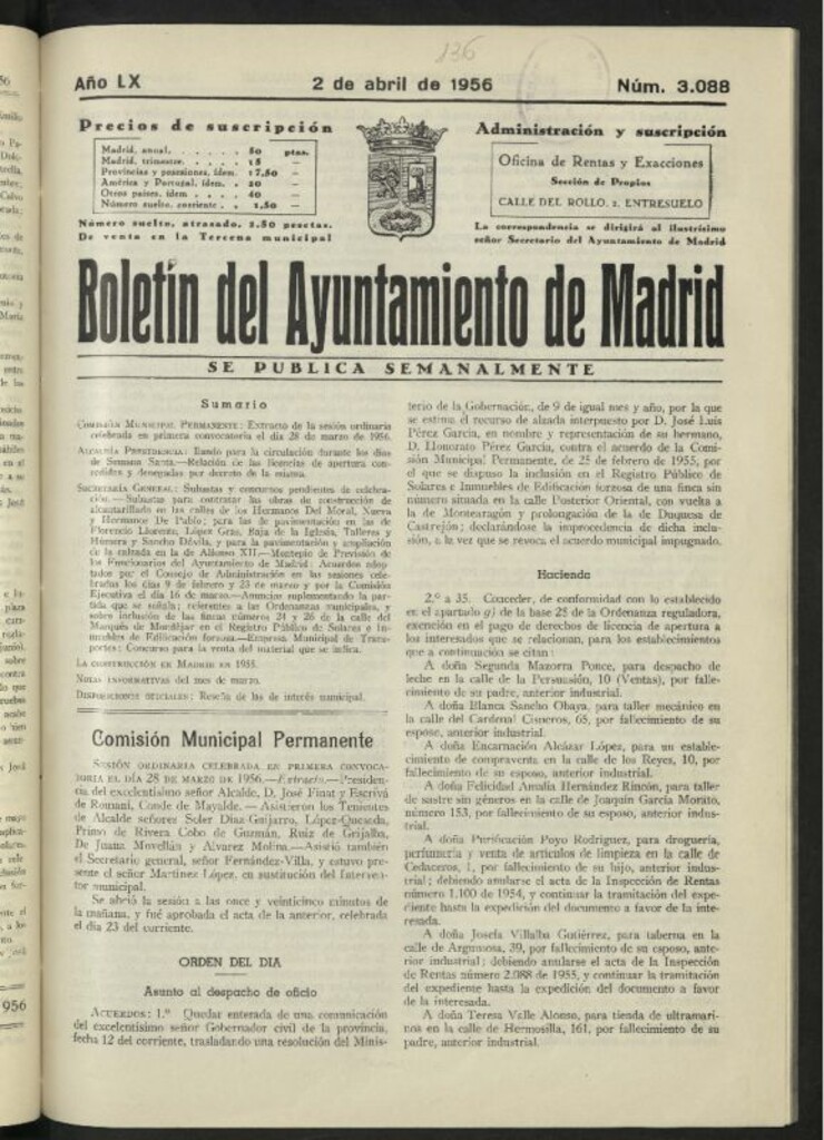 Miniatura de Boletín oficial del Ayuntamiento del 2 de abril de 1956, nº 3088