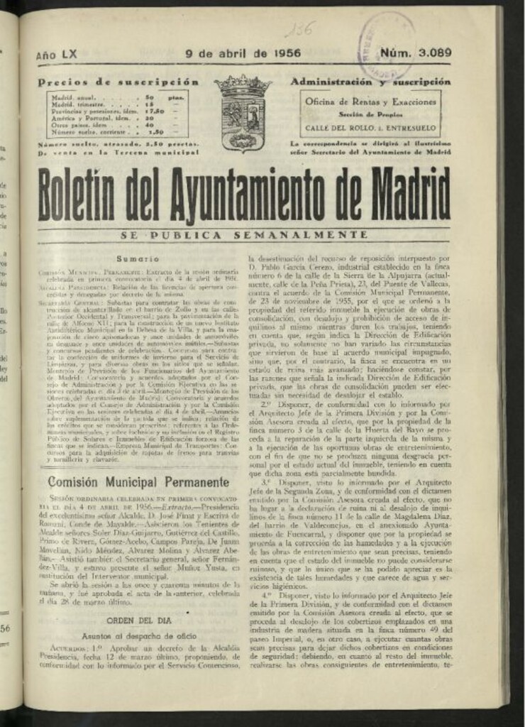 Miniatura de Boletín oficial del Ayuntamiento del 9 de abril de 1956, nº 3089