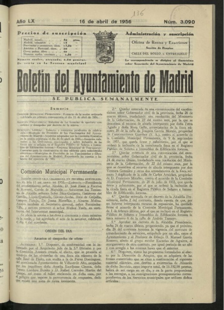 Miniatura de Boletín oficial del Ayuntamiento del 16 de abril de 1956, nº 3090