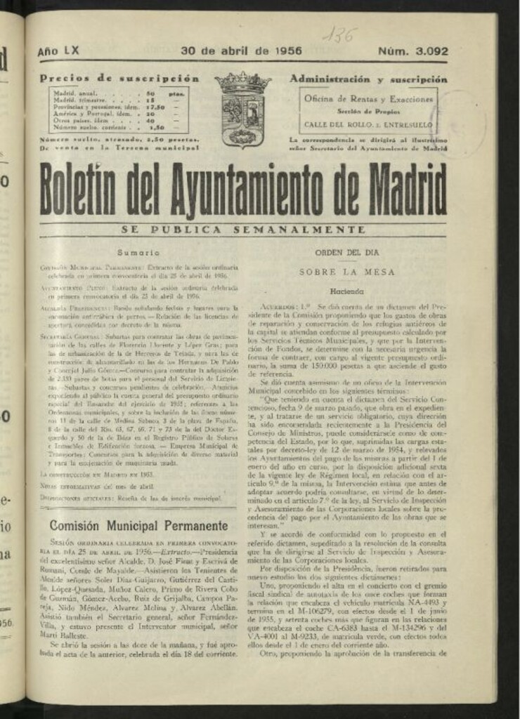 Miniatura de Boletín oficial del Ayuntamiento del 30 de abril de 1956, nº 3092