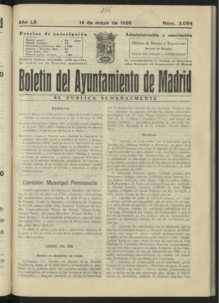 Miniatura de Boletín oficial del Ayuntamiento del 14 de mayo de 1956, nº 3094