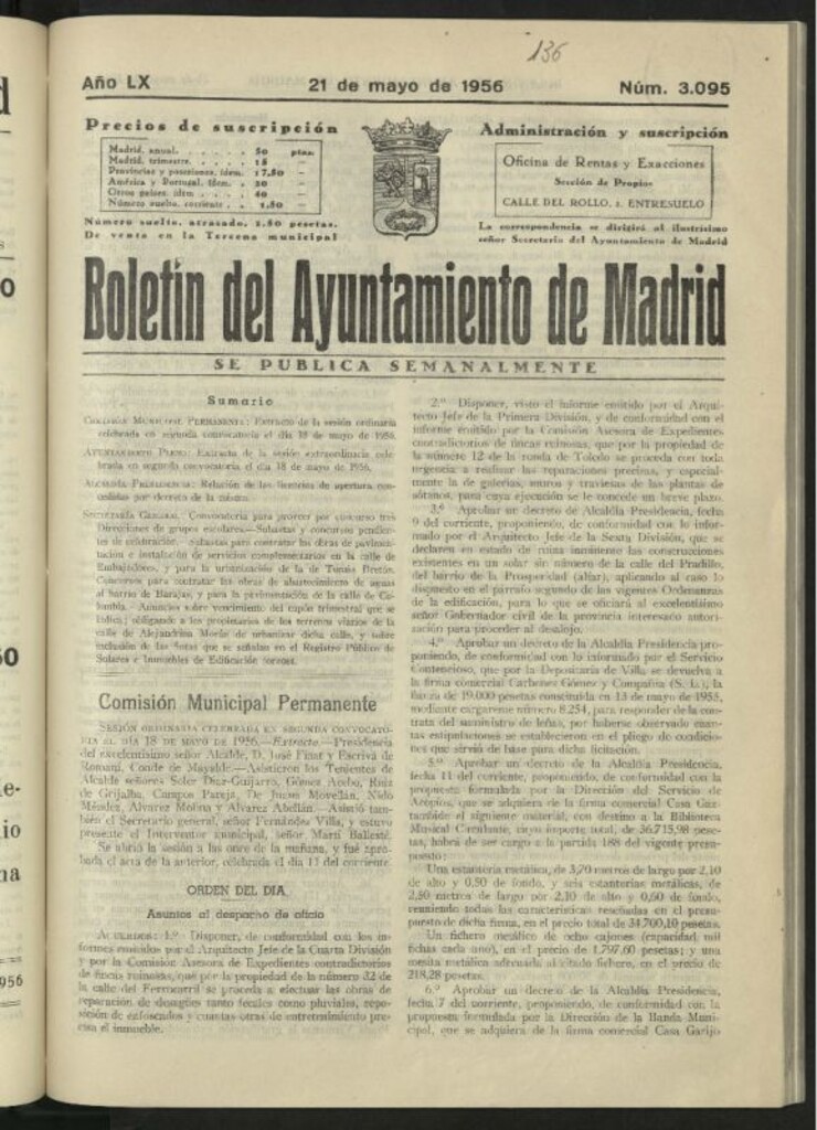 Miniatura de Boletín oficial del Ayuntamiento del 21 de mayo de 1956, nº 3095
