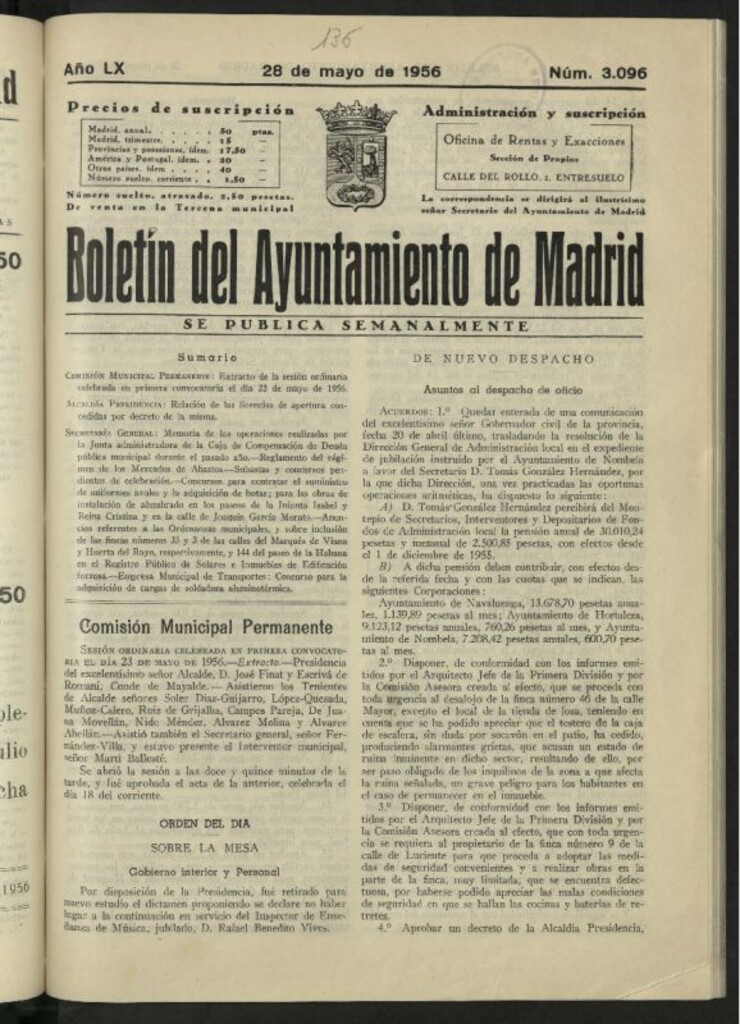 Miniatura de Boletín oficial del Ayuntamiento del 28 de mayo de 1956, nº 3096