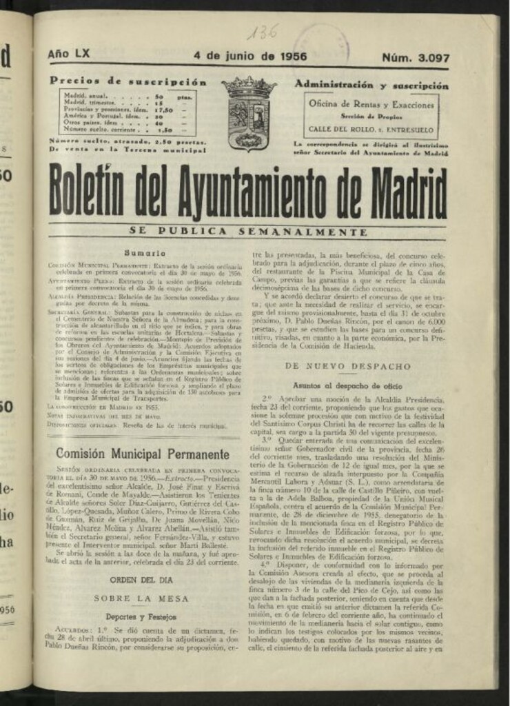 Miniatura de Boletín oficial del Ayuntamiento del 4 de junio de 1956, nº 3097