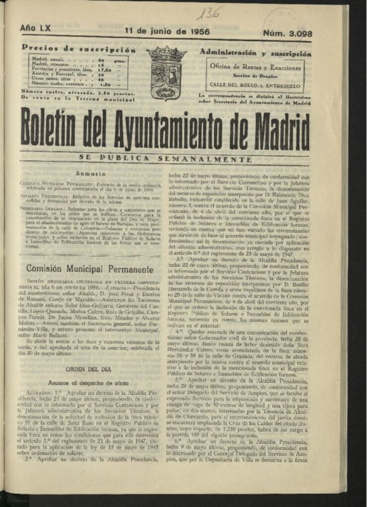 Miniatura de Boletín oficial del Ayuntamiento del 11 de junio de 1956, nº 3098