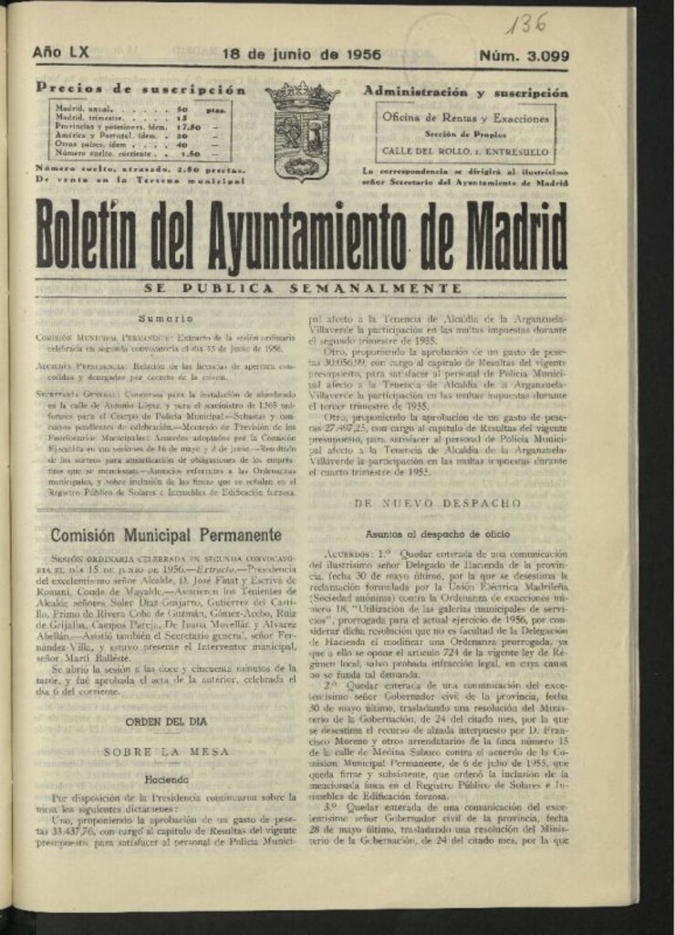 Miniatura de Boletín oficial del Ayuntamiento del 18 de junio de 1956, nº 3099