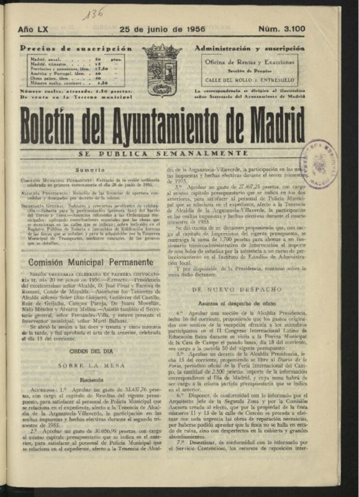 Miniatura de Boletín oficial del Ayuntamiento del 25 de junio de 1956, nº 3100