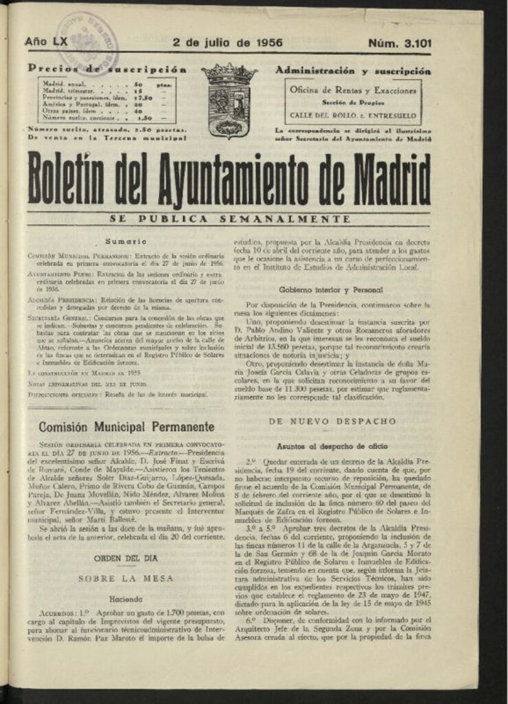 Miniatura de Boletín oficial del Ayuntamiento del 2 de julio de 1956, nº 3101