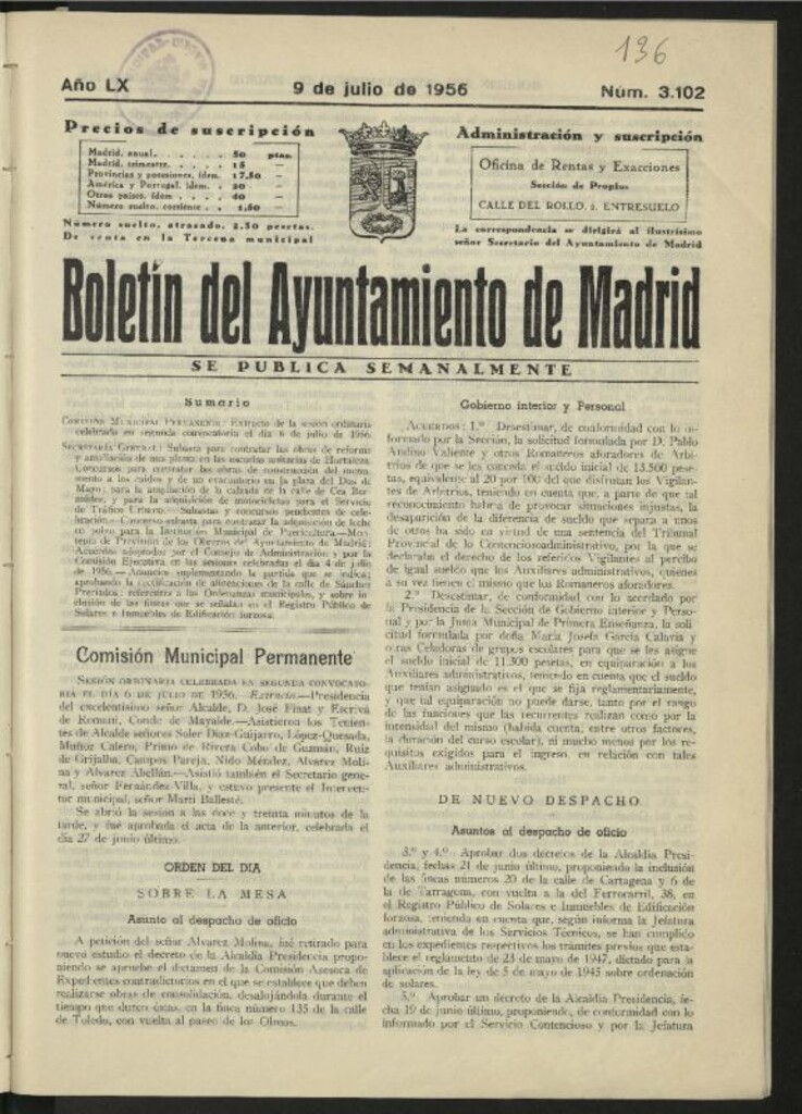 Miniatura de Boletín oficial del Ayuntamiento del 9 de julio de 1956, nº 3102
