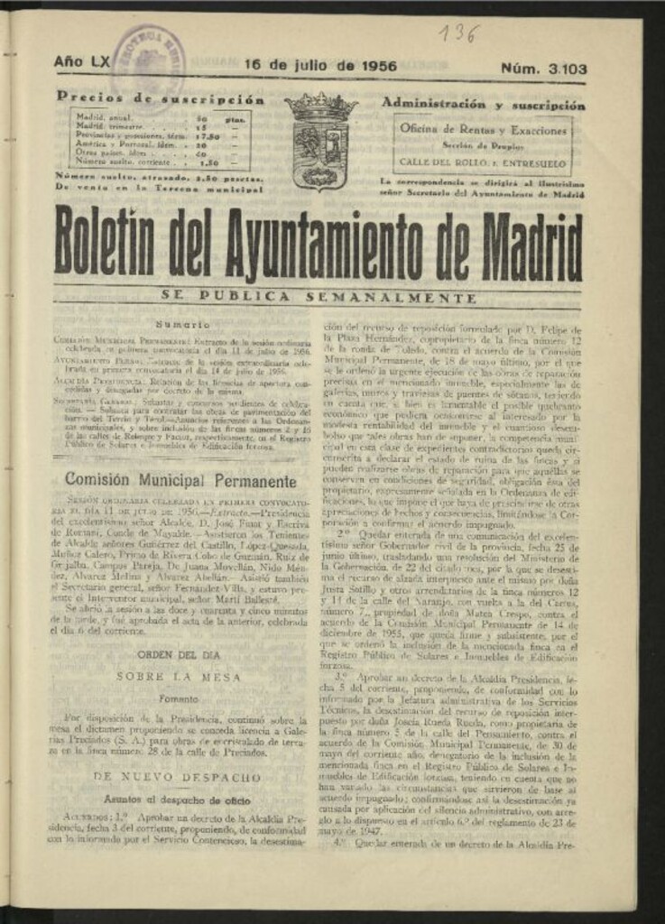 Miniatura de Boletín oficial del Ayuntamiento del 16 de julio de 1956, nº 3103