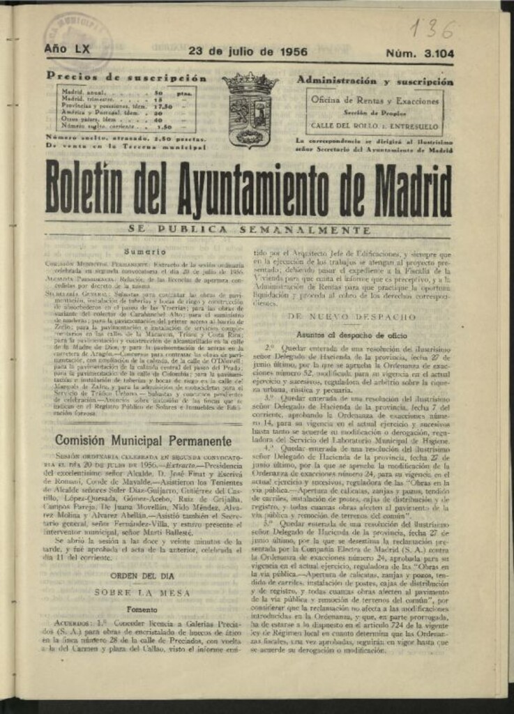 Miniatura de Boletín oficial del Ayuntamiento del 23 de julio de 1956, nº 3104