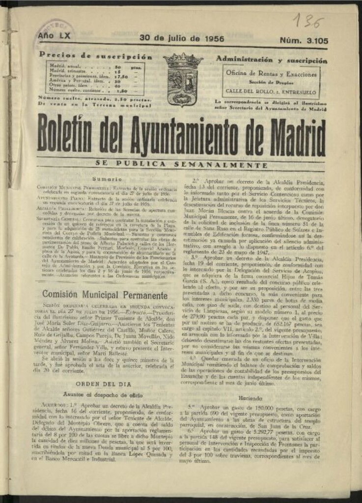 Miniatura de Boletín oficial del Ayuntamiento del 30 de julio de 1956, nº 3105