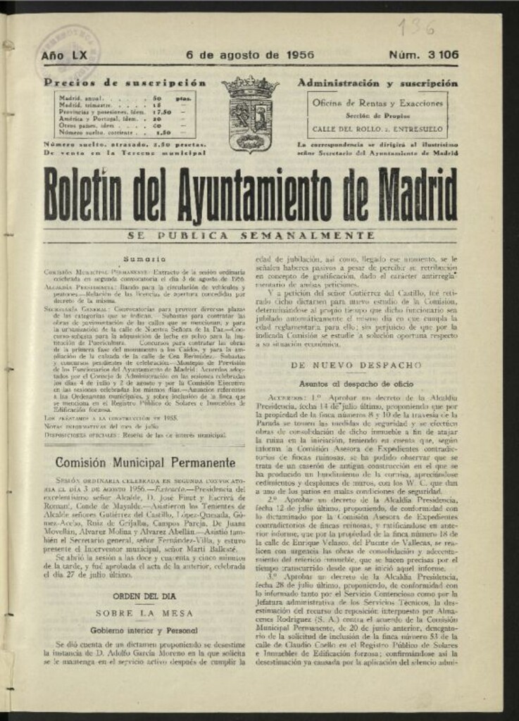 Miniatura de Boletín oficial del Ayuntamiento del 6 de agosto de 1956, nº 3106