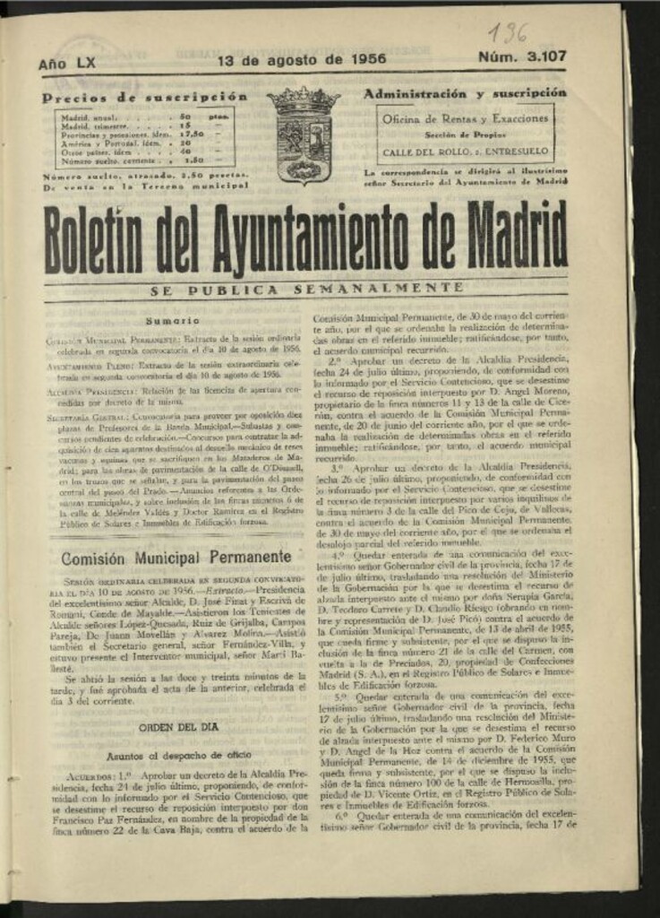 Miniatura de Boletín oficial del Ayuntamiento del 13 de agosto de 1956, nº 3107