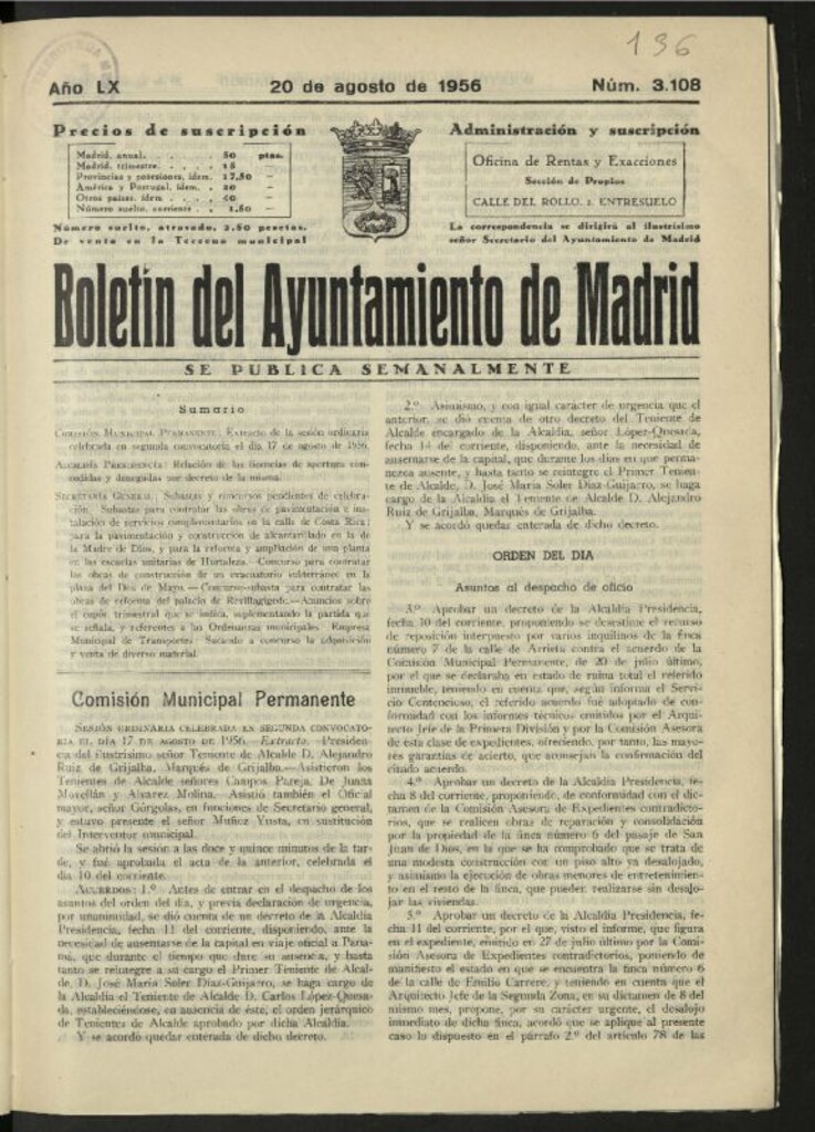 Miniatura de Boletín oficial del Ayuntamiento del 20 de agosto de 1956, nº 3108