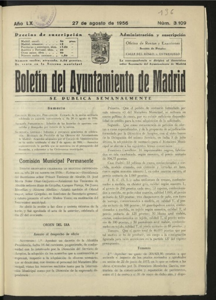 Miniatura de Boletín oficial del Ayuntamiento del 27 de agosto de 1956, nº 3109