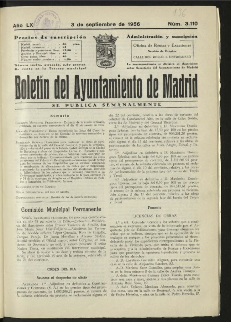 Miniatura de Boletín oficial del Ayuntamiento del 3 de septiembre de 1956, nº 3110